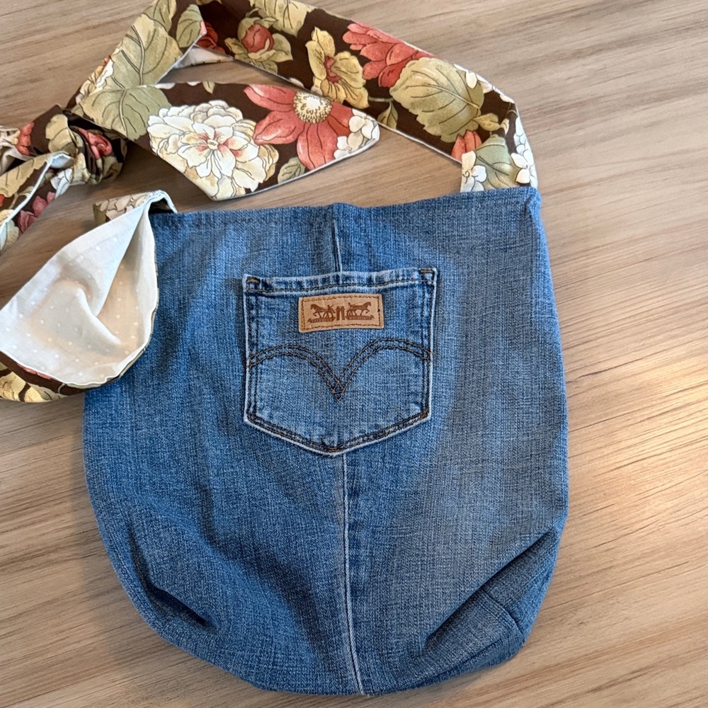 Handmade Denim Crossbody Bag with Floral Strap